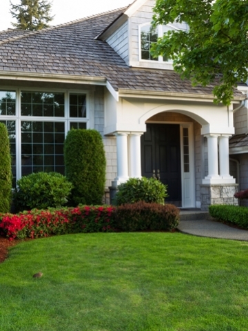 One story transitional home with floor to ceiling windows, columns red flowers on curved hedge.